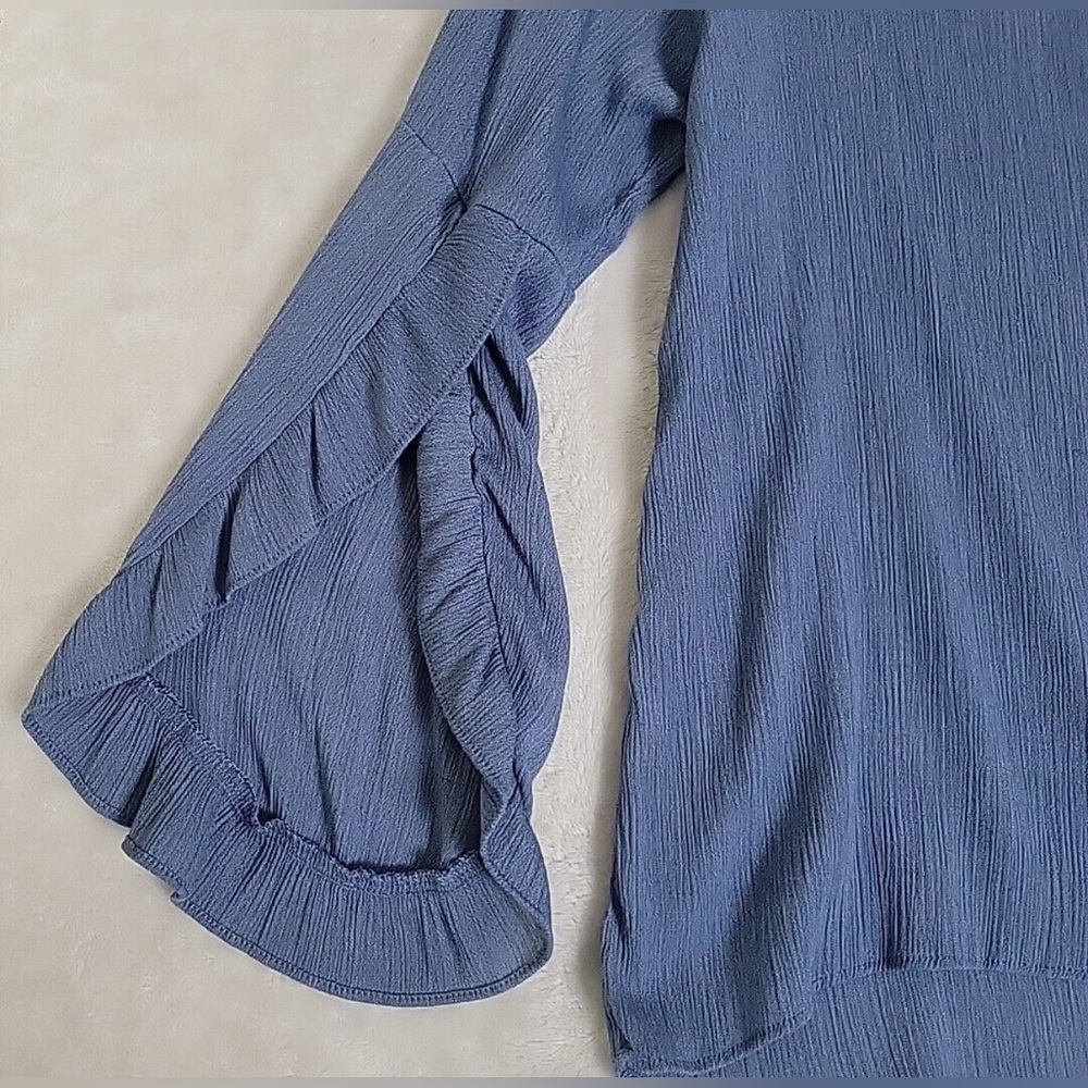 Moa Moa Woman's Blue Crinkle Top w/ Romantic Slit Ruffle Sleeves Blouse! - Picture 6 of 12